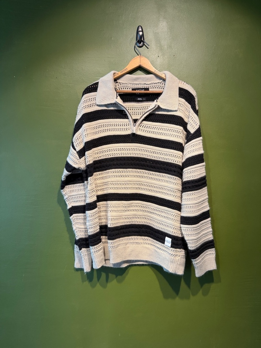 Native Youth Striped Knit Polo Sweater in Cream and Black